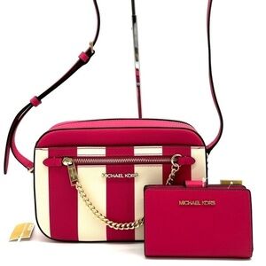 Michael Kors LG EW Crossbody Bag & Bifold Zip Chain Wallet Electric Pink (NWT)